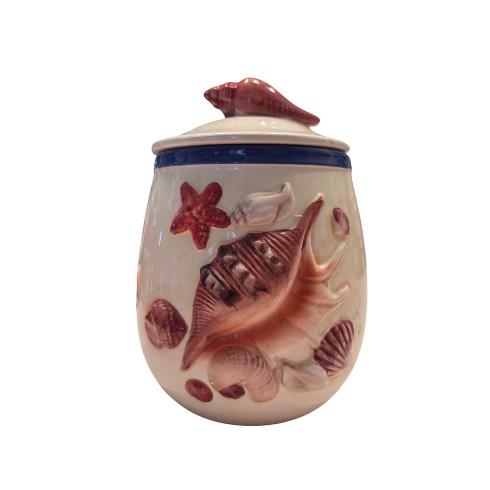 Coastal Ceramic Sea Shell Canister with Lid and 11 Real Shells‎ Cream Blue